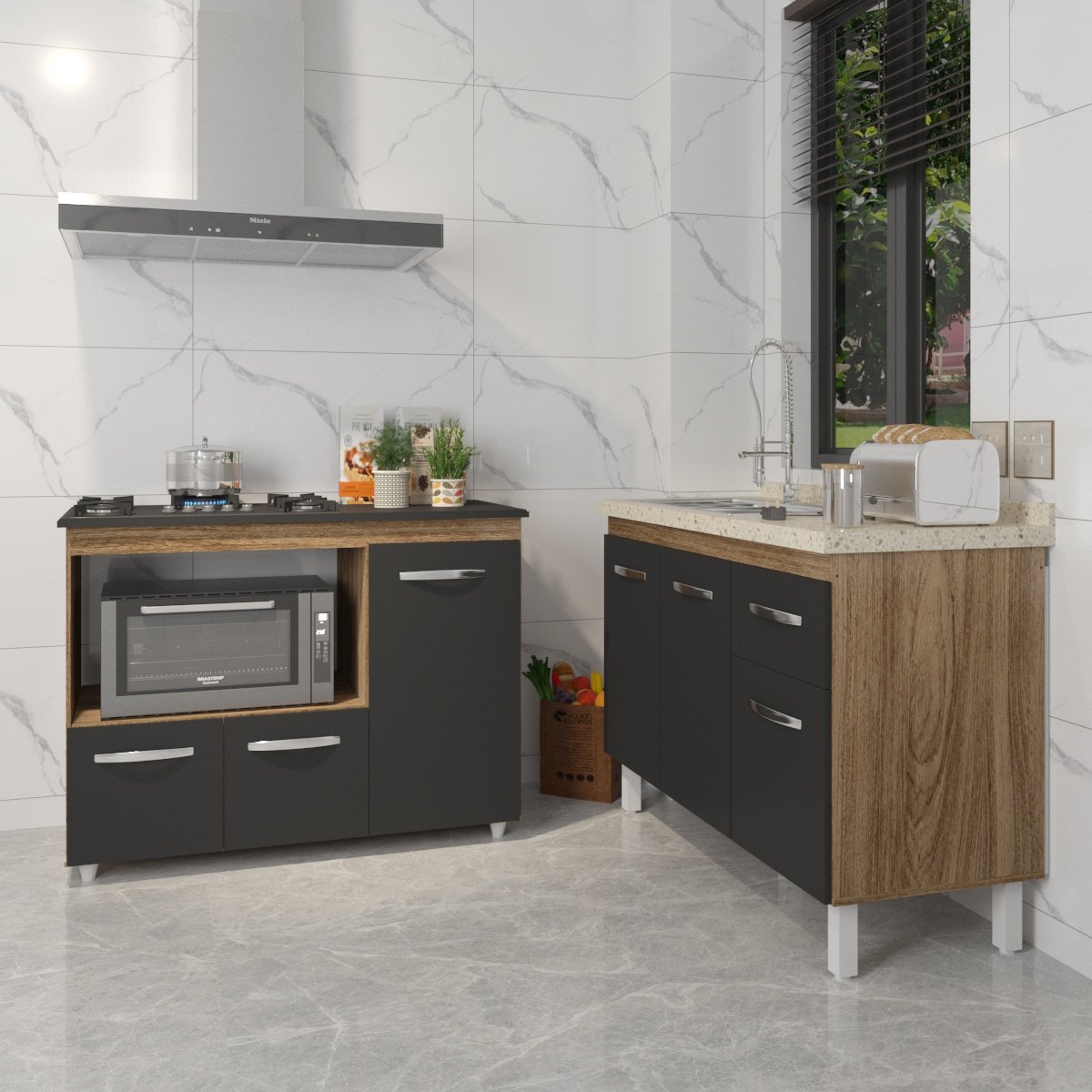 Gabinete Cozinha Armário Balcão de Pia 120 cm Aline e Balcão para Fogão Cooktop 5 Bocas e Forno Alana Savana Preto 