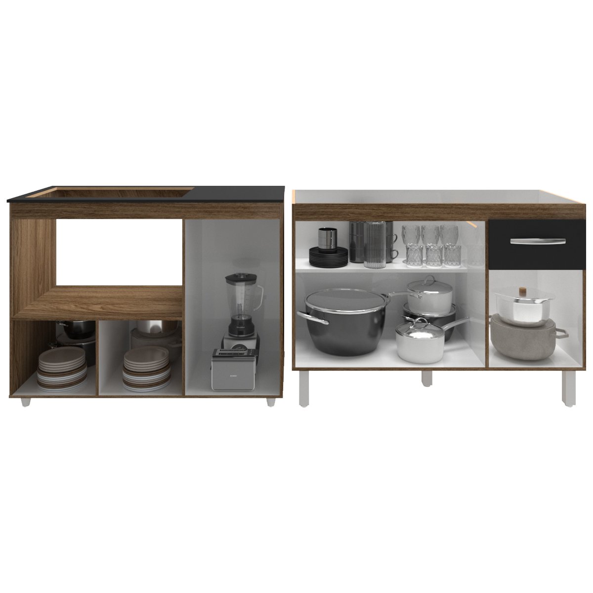 Gabinete Cozinha Armário Balcão de Pia 120 cm Aline e Balcão para Fogão Cooktop 5 Bocas e Forno Alana Savana Preto 