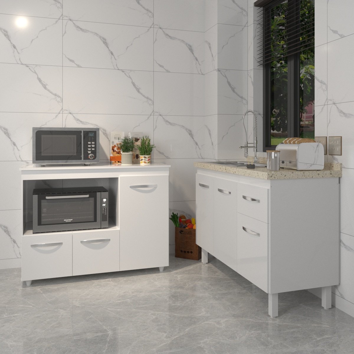 Gabinete Cozinha Armário Balcão de Pia 120 cm Aline e Balcão para Microondas e Forno Elétrico Lilian Branco 