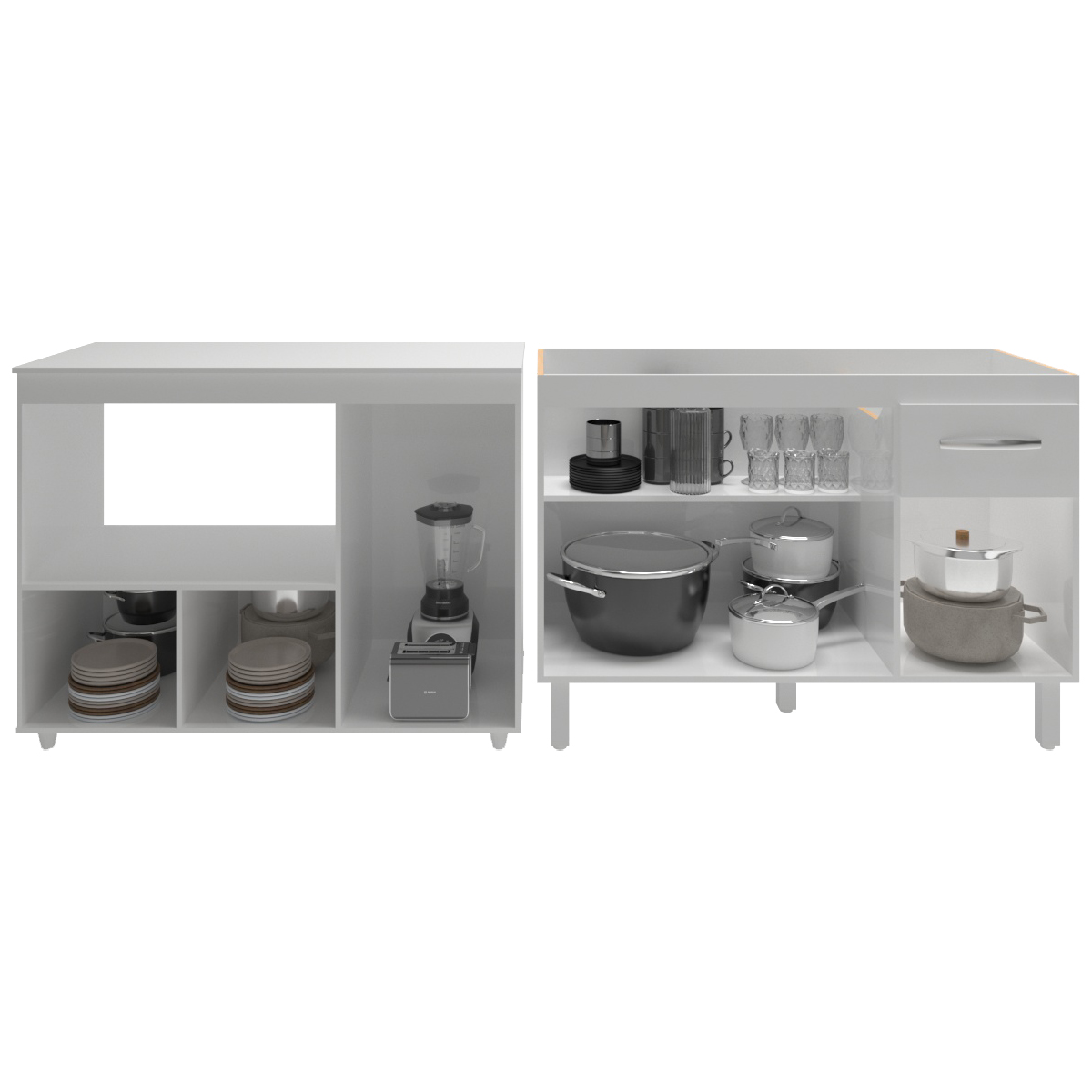 Gabinete Cozinha Armário Balcão de Pia 120 cm Aline e Balcão para Microondas e Forno Elétrico Lilian Branco 