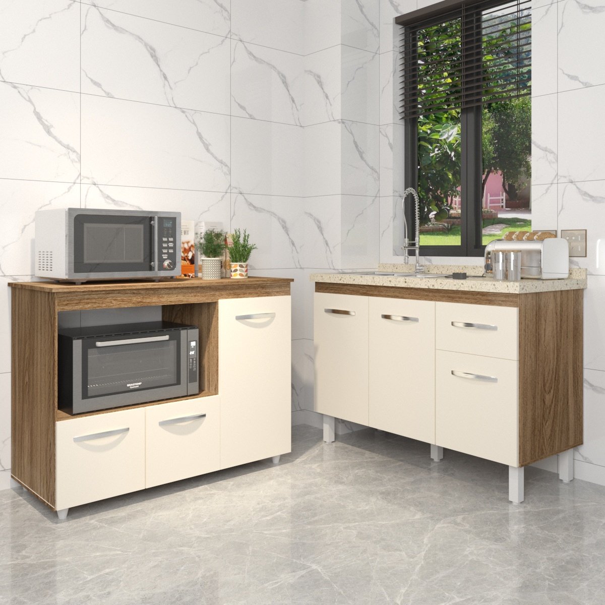 Gabinete Cozinha Armário Balcão de Pia 120 cm Aline e Balcão para Microondas e Forno Elétrico Lilian Savana Off White 