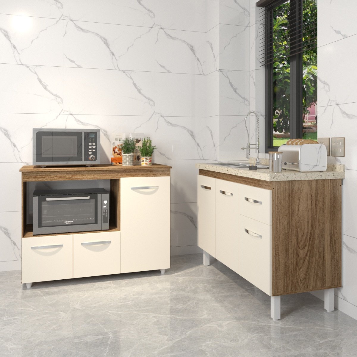 Gabinete Cozinha Armário Balcão de Pia 120 cm Aline e Balcão para Microondas e Forno Elétrico Lilian Savana Off White 