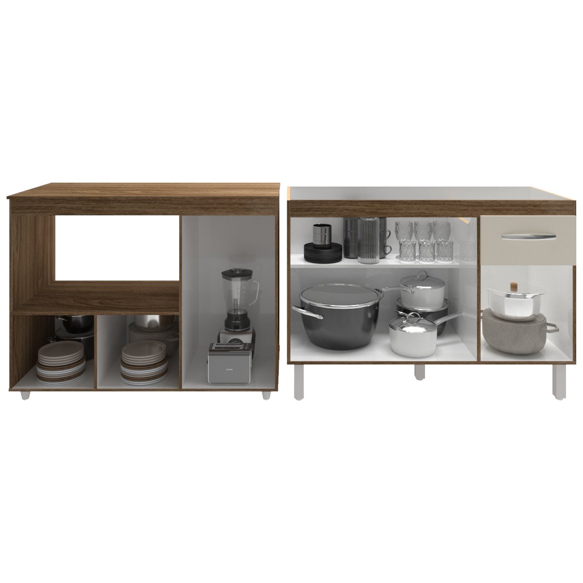 Gabinete Cozinha Armário Balcão de Pia 120 cm Aline e Balcão para Microondas e Forno Elétrico Lilian Savana Off White 
