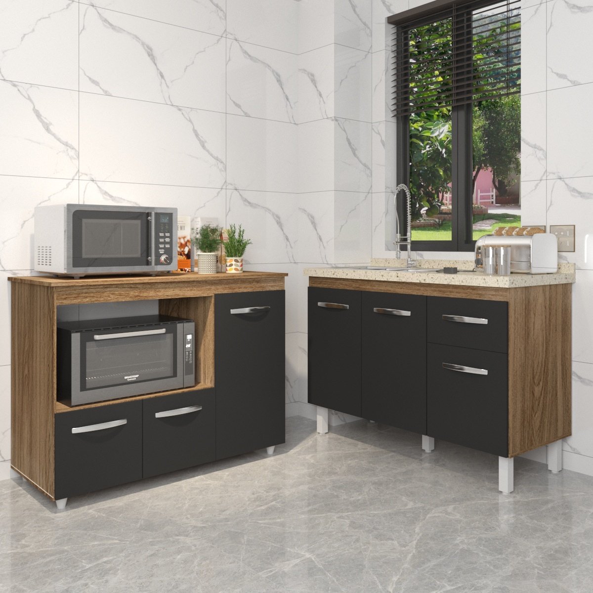 Gabinete Cozinha Armário Balcão de Pia 120 cm Aline e Balcão para Microondas e Forno Elétrico Lilian Savana Preto 