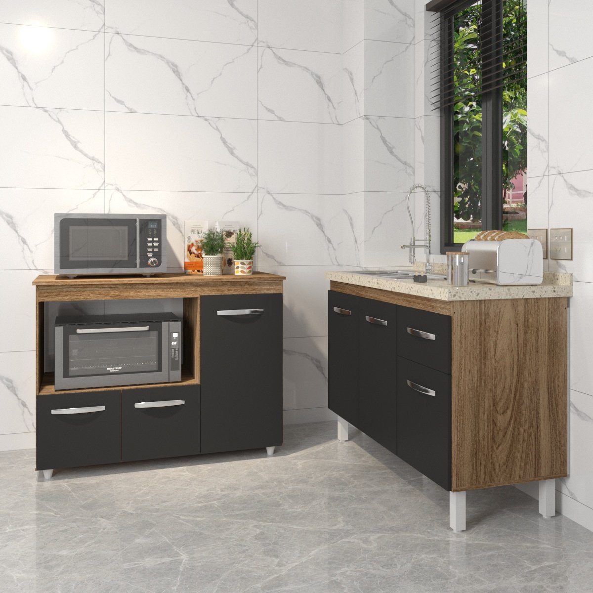 Gabinete Cozinha Armário Balcão de Pia 120 cm Aline e Balcão para Microondas e Forno Elétrico Lilian Savana Preto 