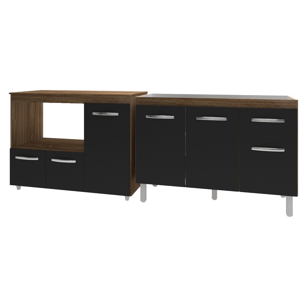 Gabinete Cozinha Armário Balcão de Pia 120 cm Aline e Balcão para Microondas e Forno Elétrico Lilian Savana Preto 
