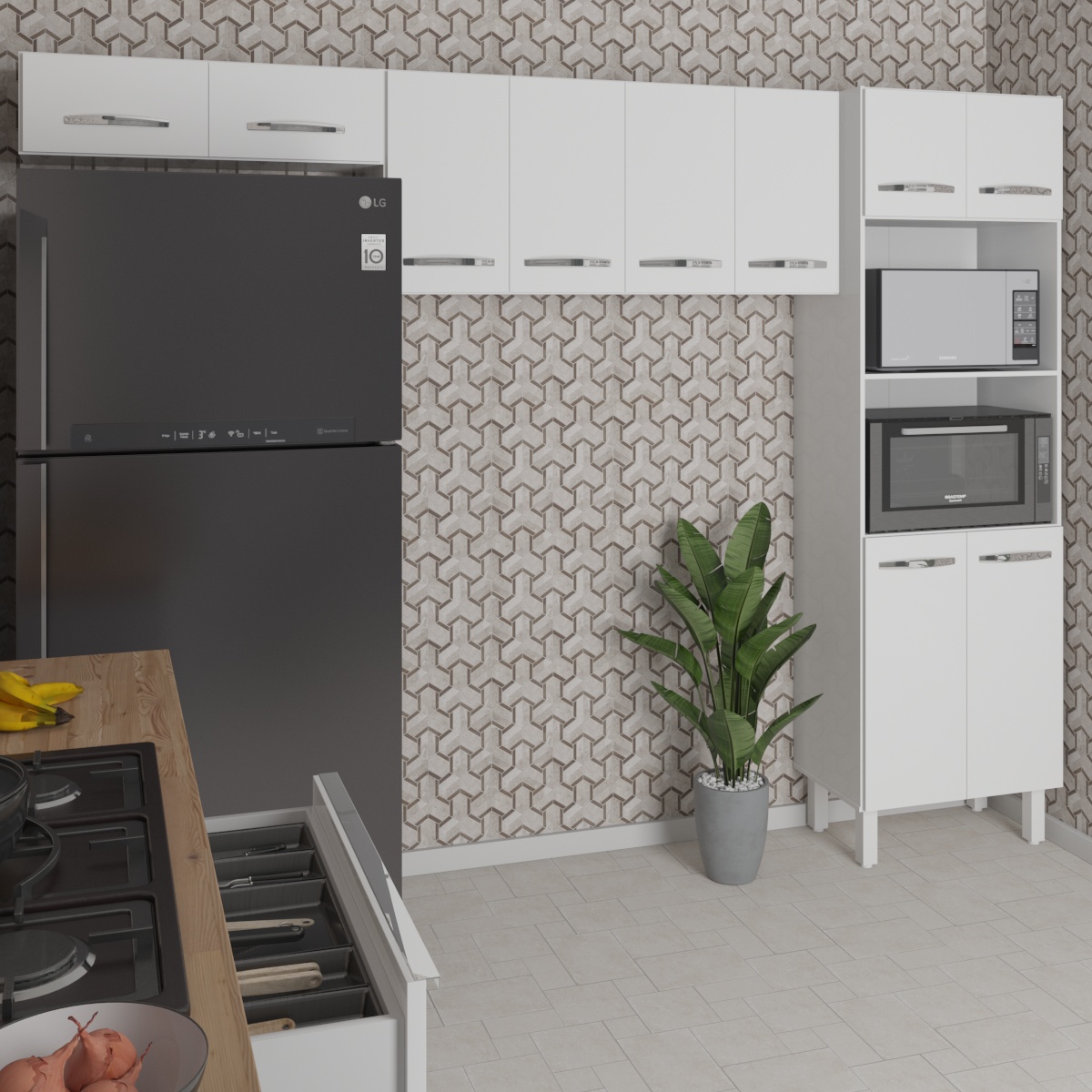 Kit 3 Peças Cozinha Compacta Luna Paneleiro Torre Quente Armário Suspenso Aéreo 118cm Aéreo Geladeira Branco 