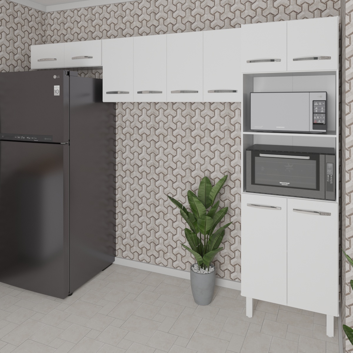 Kit 3 Peças Cozinha Compacta Luna Paneleiro Torre Quente Armário Suspenso Aéreo 118cm Aéreo Geladeira Branco 