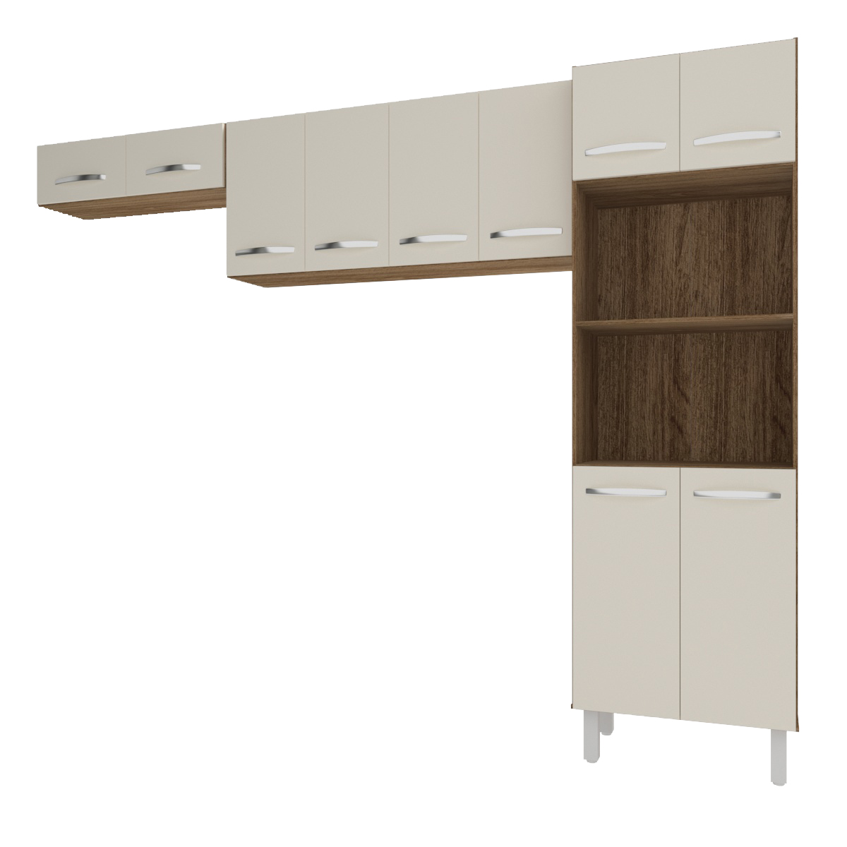 Kit 3 Peças Cozinha Compacta Luna Paneleiro Torre Quente Armário Suspenso Aéreo 118cm Aéreo Geladeira Savana Off White 