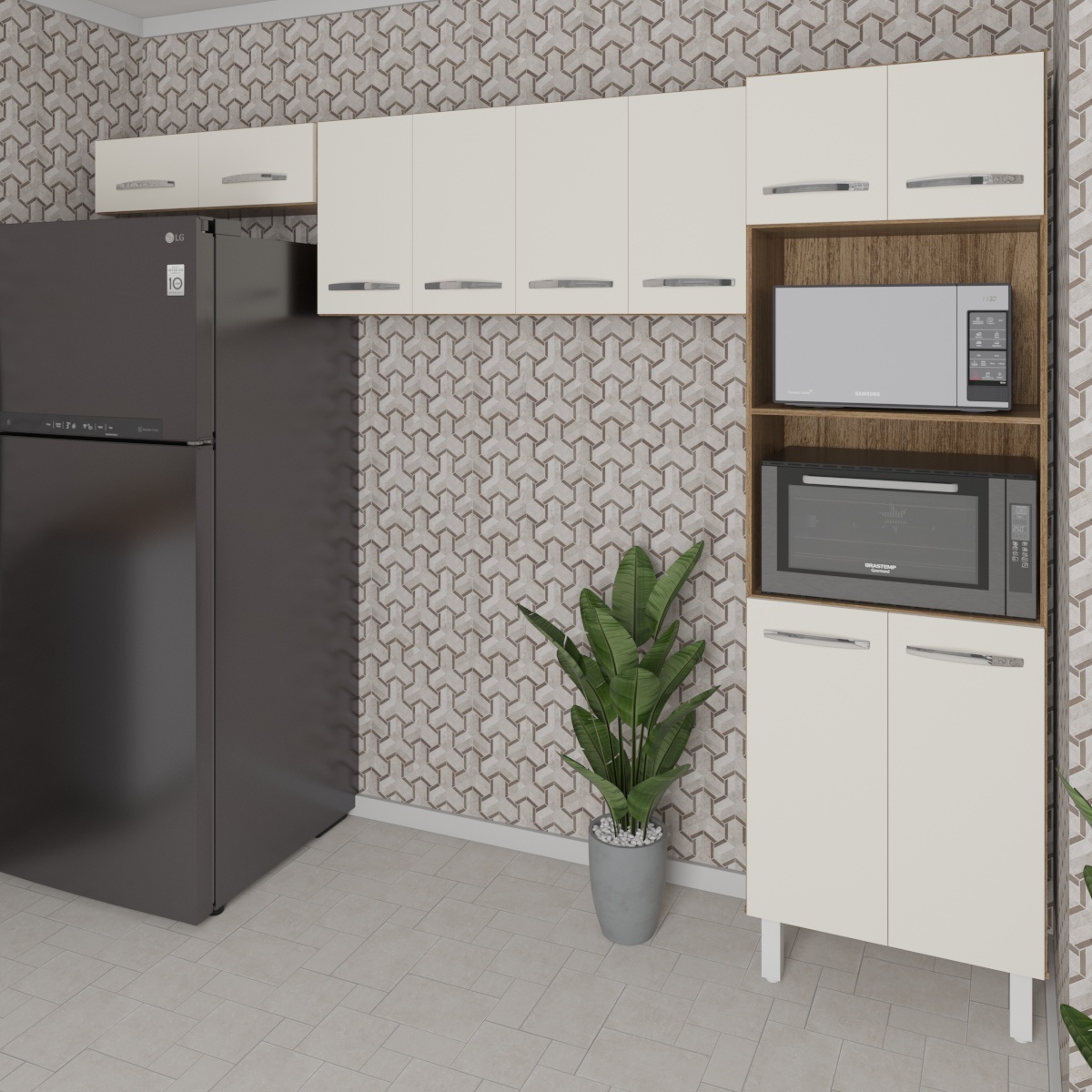 Kit 3 Peças Cozinha Compacta Luna Paneleiro Torre Quente Armário Suspenso Aéreo 118cm Aéreo Geladeira Savana Off White 