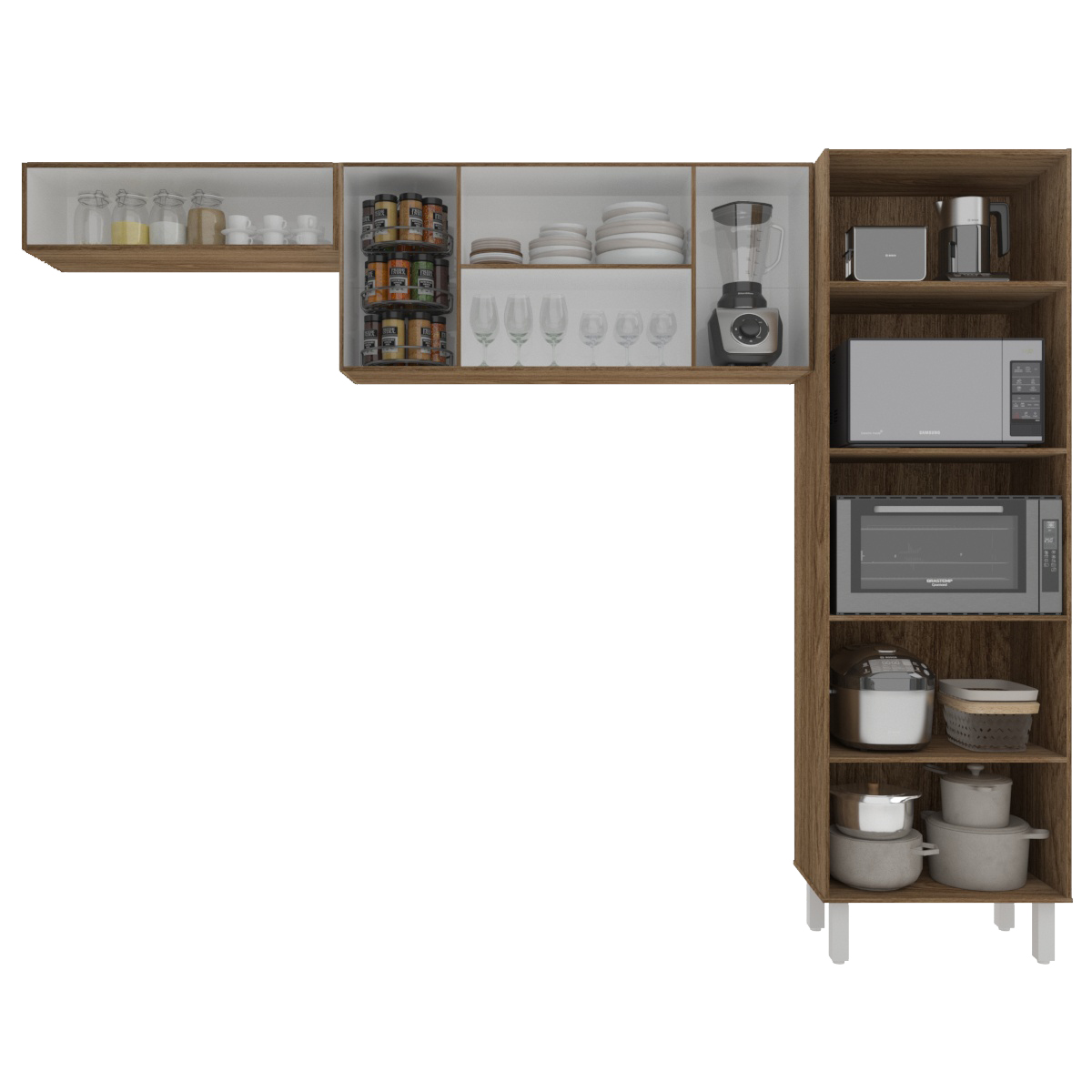 Kit 3 Peças Cozinha Compacta Luna Paneleiro Torre Quente Armário Suspenso Aéreo 118cm Aéreo Geladeira Savana Off White 