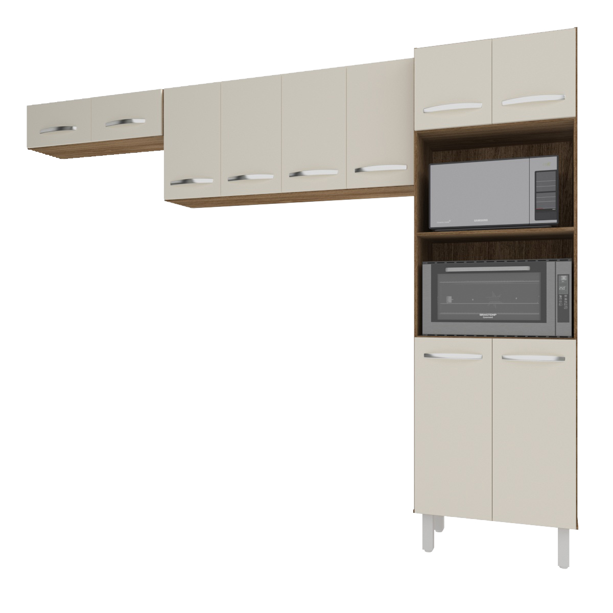 Kit 3 Peças Cozinha Compacta Luna Paneleiro Torre Quente Armário Suspenso Aéreo 118cm Aéreo Geladeira Savana Off White 