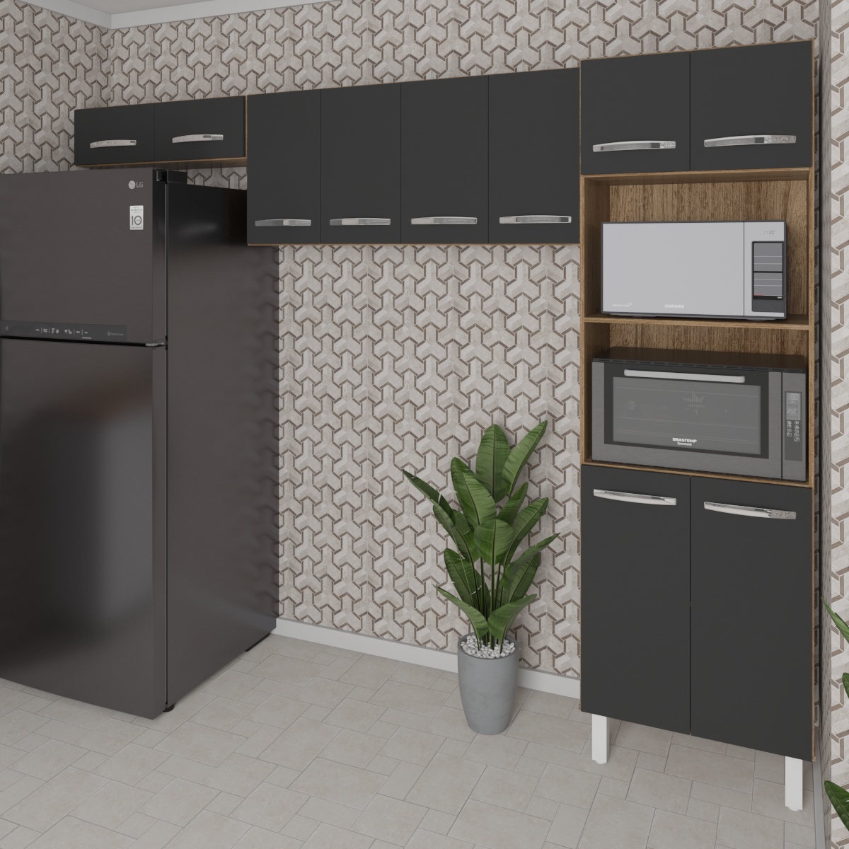 Kit 3 Peças Cozinha Compacta Luna Paneleiro Torre Quente Armário Suspenso Aéreo 118cm Aéreo Geladeira Savana Preto 