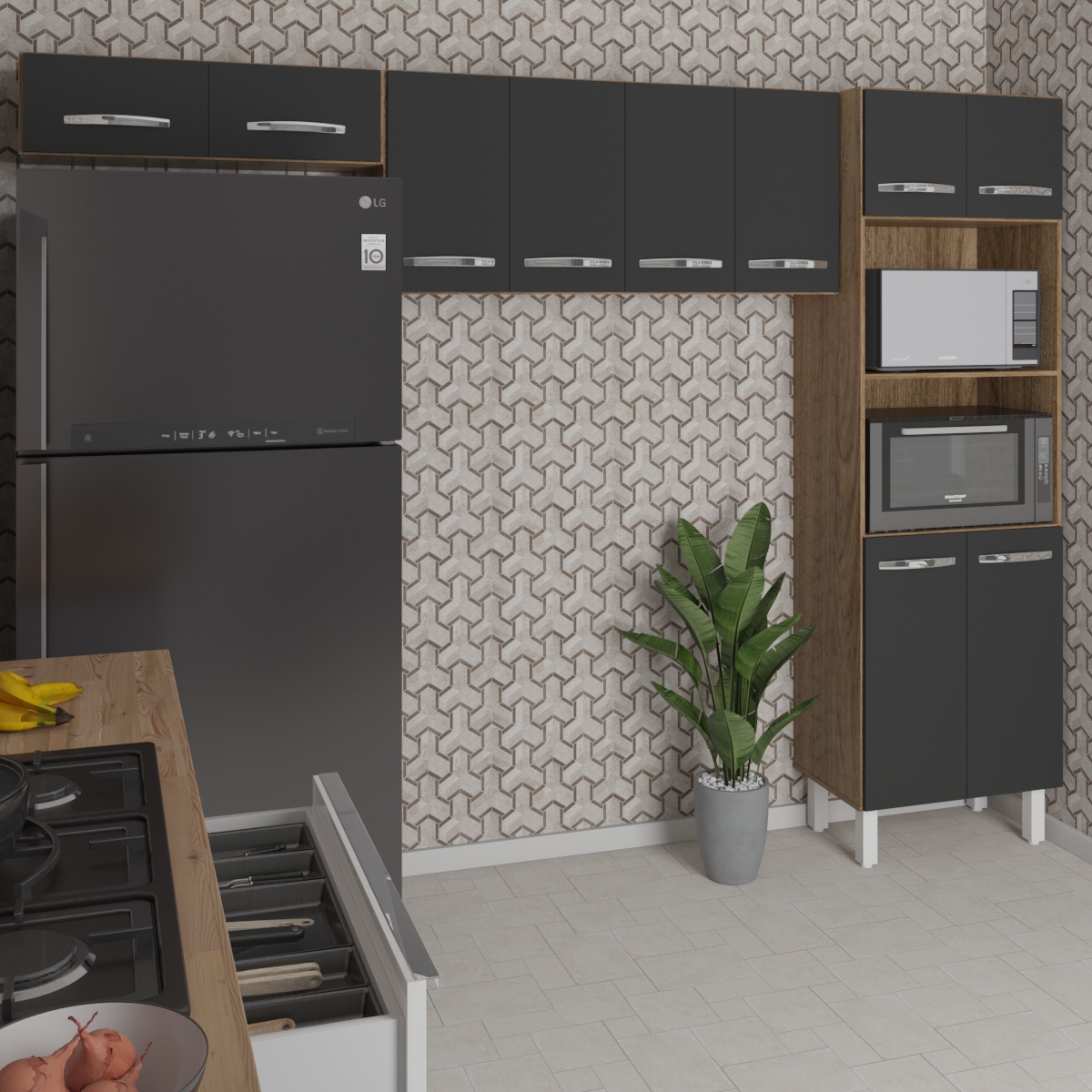 Kit 3 Peças Cozinha Compacta Luna Paneleiro Torre Quente Armário Suspenso Aéreo 118cm Aéreo Geladeira Savana Preto 