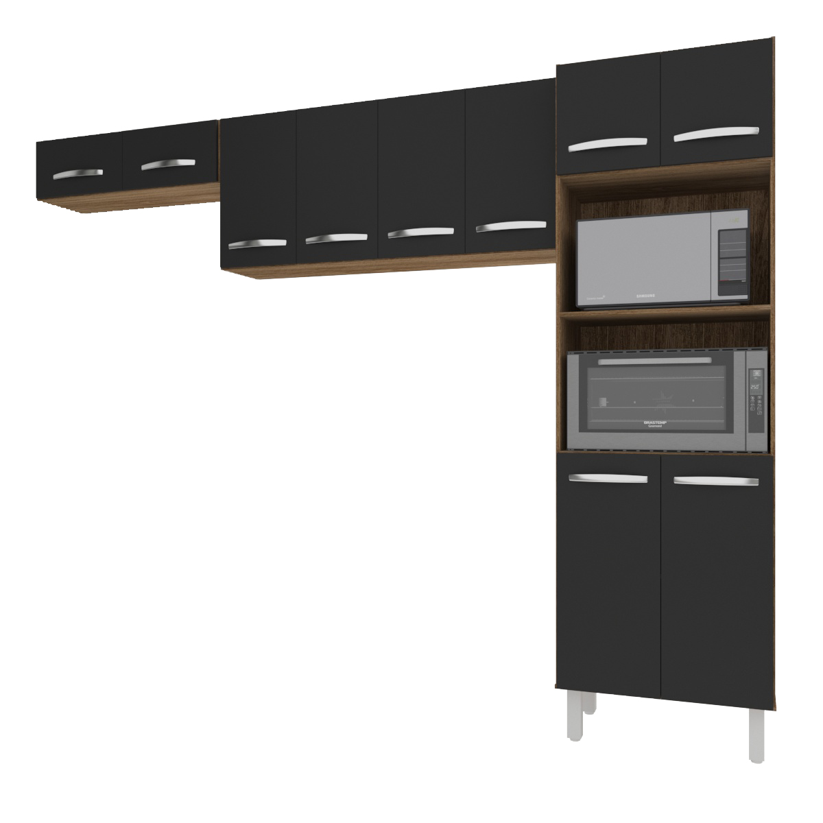 Kit 3 Peças Cozinha Compacta Luna Paneleiro Torre Quente Armário Suspenso Aéreo 118cm Aéreo Geladeira Savana Preto 
