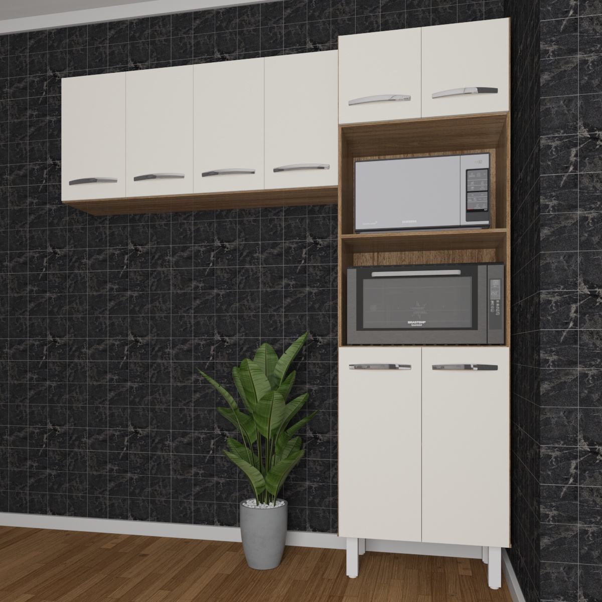Kit Torre Quente Paneleiro 4 Portas 2 Nichos e Armário Suspenso Aéreo 4 Portas 118cm Modulado Cozinha Savana Off White