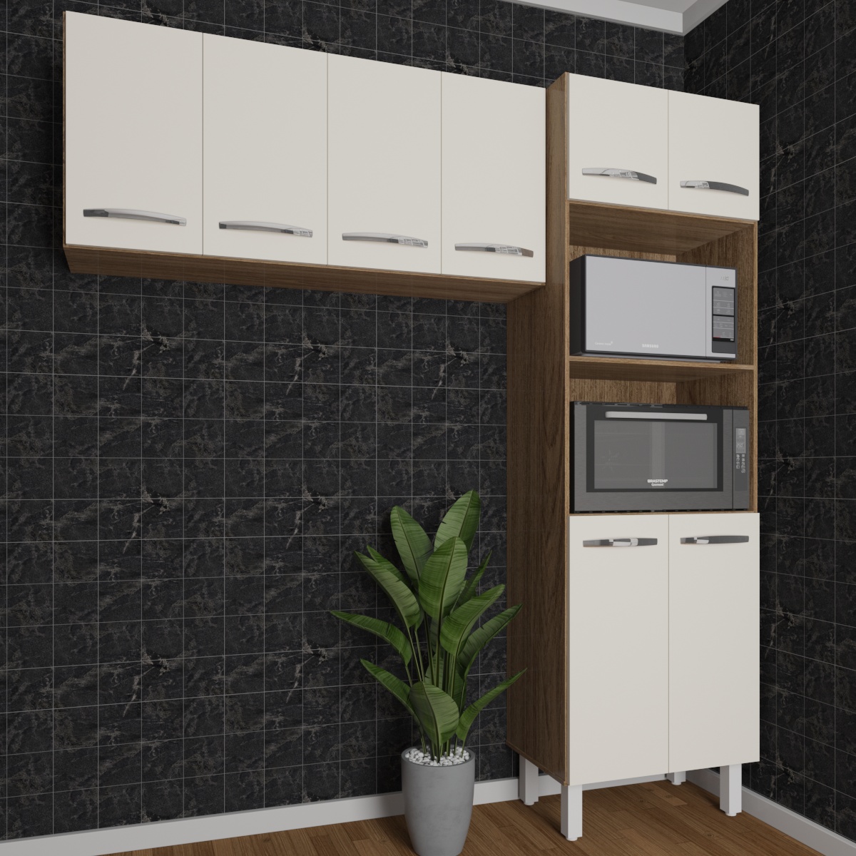 Kit Torre Quente Paneleiro 4 Portas 2 Nichos e Armário Suspenso Aéreo 4 Portas 118cm Modulado Cozinha Savana Off White