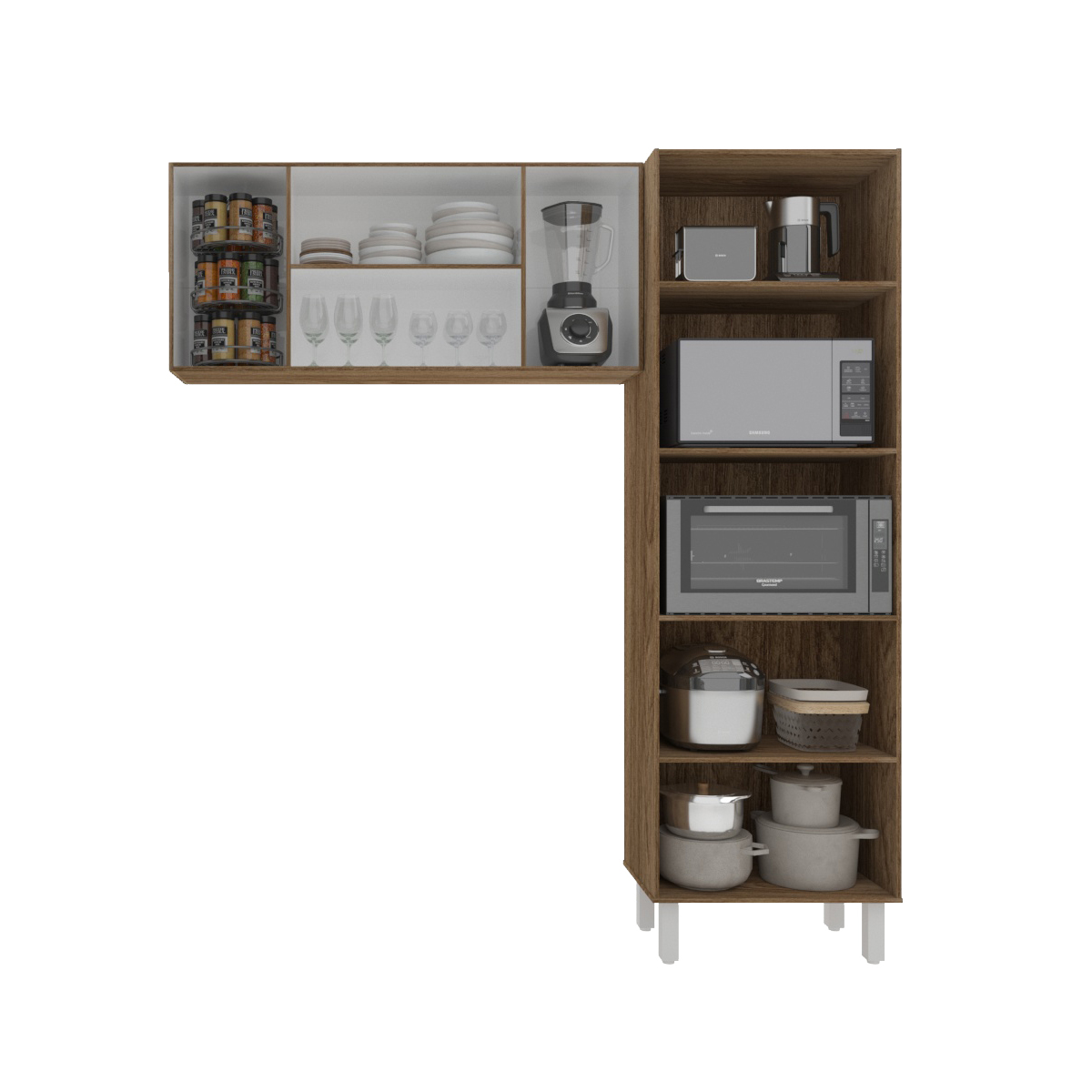 Kit Torre Quente Paneleiro 4 Portas 2 Nichos e Armário Suspenso Aéreo 4 Portas 118cm Modulado Cozinha Savana Off White