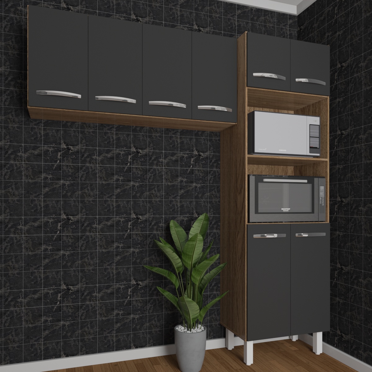 Kit Torre Quente Paneleiro 4 Portas 2 Nichos e Armário Suspenso Aéreo 4 Portas 118cm Modulado de Cozinha Savana Preto 