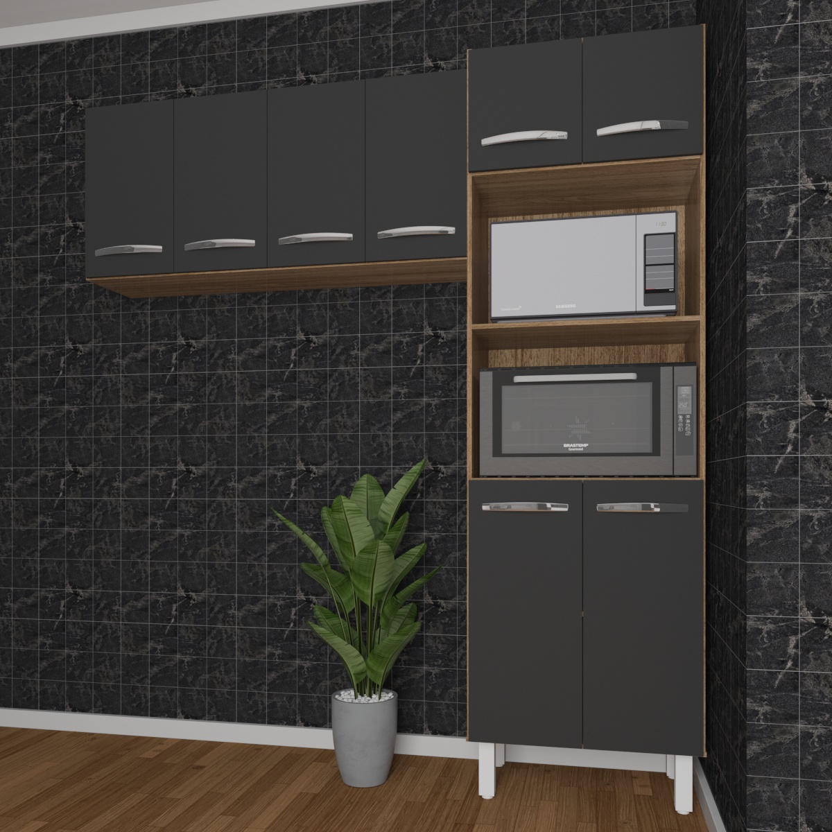 Kit Torre Quente Paneleiro 4 Portas 2 Nichos e Armário Suspenso Aéreo 4 Portas 118cm Modulado de Cozinha Savana Preto 