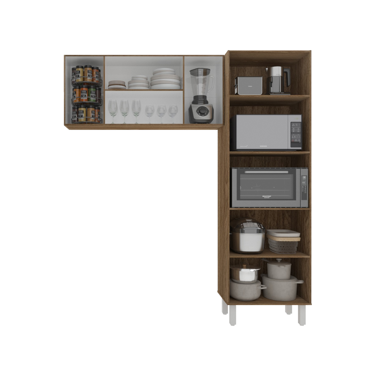 Kit Torre Quente Paneleiro 4 Portas 2 Nichos e Armário Suspenso Aéreo 4 Portas 118cm Modulado de Cozinha Savana Preto 