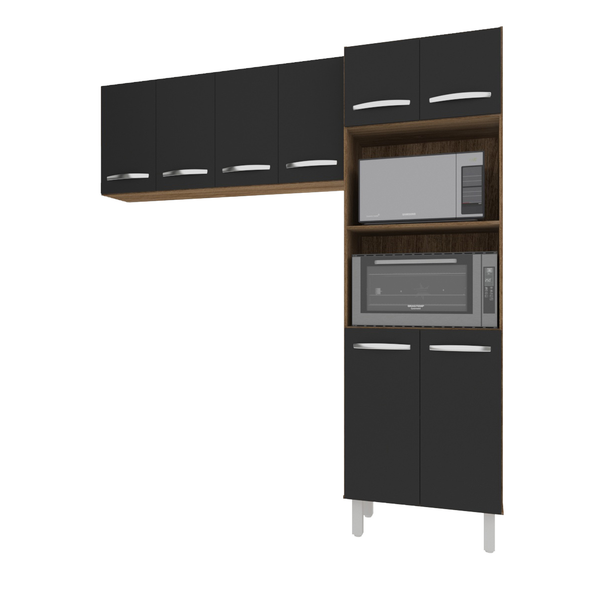 Kit Torre Quente Paneleiro 4 Portas 2 Nichos e Armário Suspenso Aéreo 4 Portas 118cm Modulado de Cozinha Savana Preto 