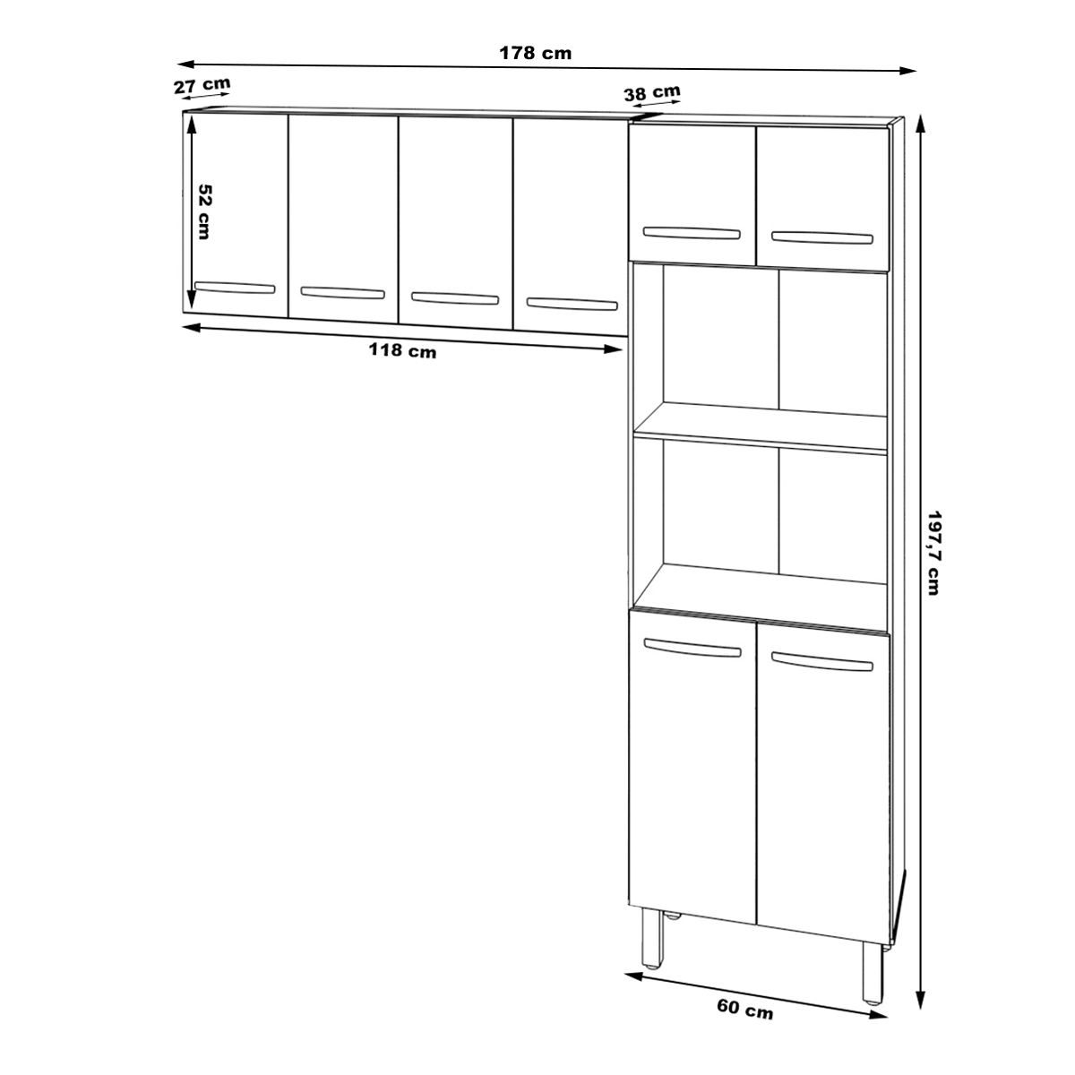 Kit Torre Quente Paneleiro 4 Portas 2 Nichos e Armário Suspenso Aéreo 4 Portas 118cm Modulado de Cozinha Savana Preto 