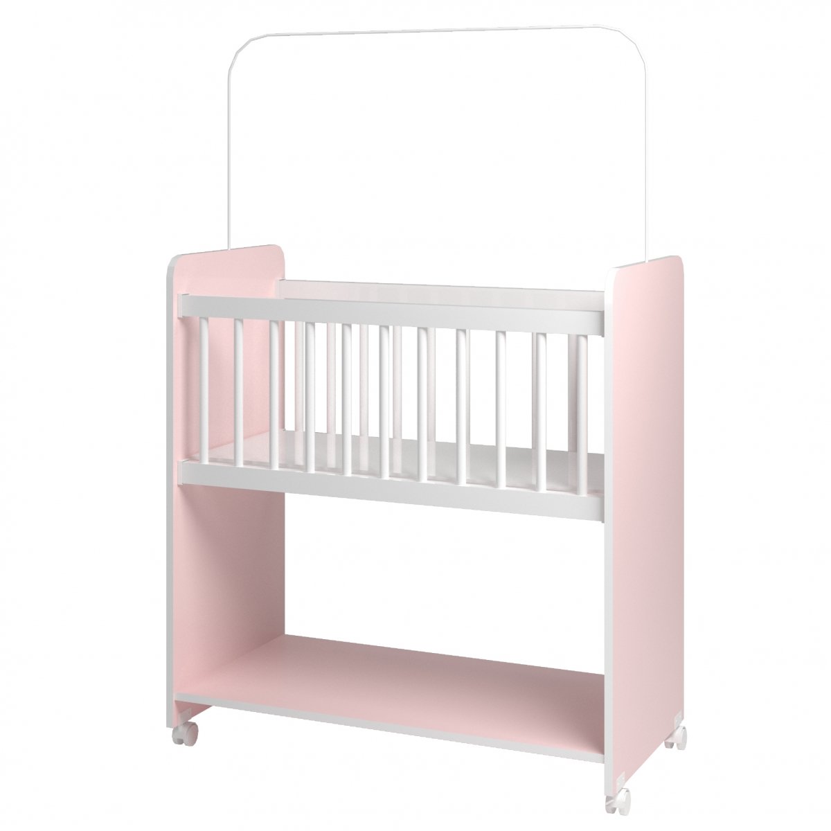 Mini Berço Fixo Compacto Portátil Para Bebê com Rodízio Colchão Suporte Para Mosquiteiro e Prateleira Rosa Branco 