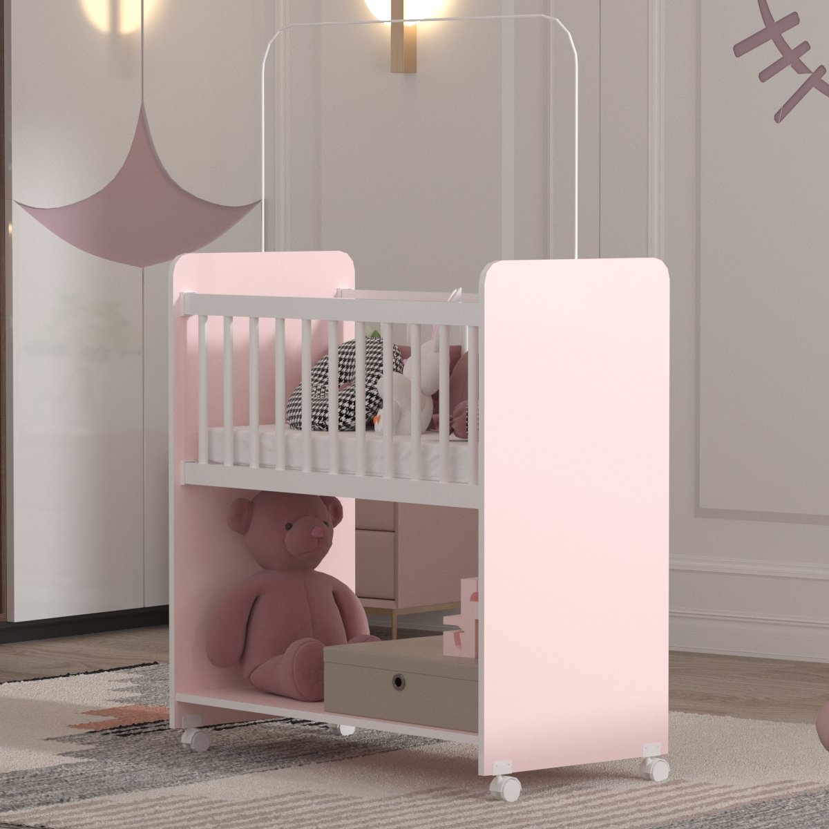 Mini Berço Fixo Compacto Portátil Para Bebê com Rodízio Colchão Suporte Para Mosquiteiro e Prateleira Rosa Branco 