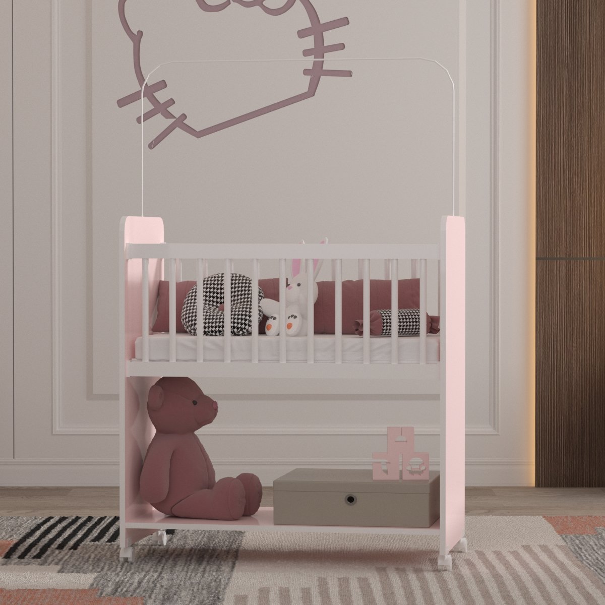 Mini Berço Fixo Compacto Portátil Para Bebê com Rodízio Colchão Suporte Para Mosquiteiro e Prateleira Rosa Branco 