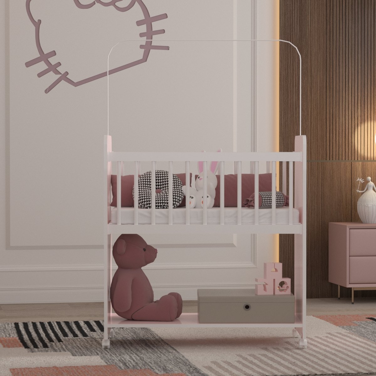 Mini Berço Fixo Compacto Portátil Para Bebê com Rodízio Colchão Suporte Para Mosquiteiro e Prateleira Rosa Branco 