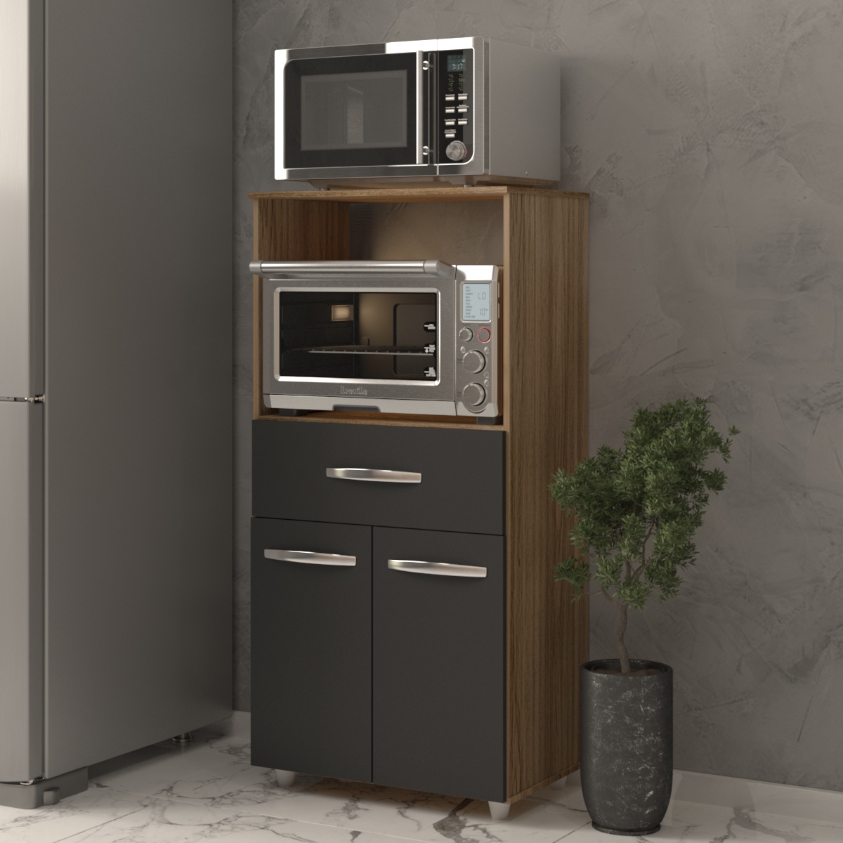 Multiuso Armário Laura com Nicho para Forno Elétrico e Microondas com Gaveta e 2 Portas Mobília Decor Savana Preto