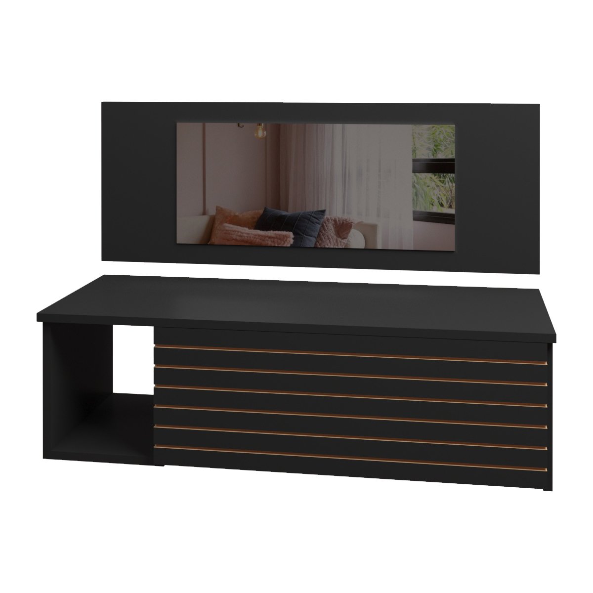 Penteadeira Suspensa com Painel Espelho Gaveta e Nicho Organizador Maquiagem 90 cm Preto Mobília Decor 