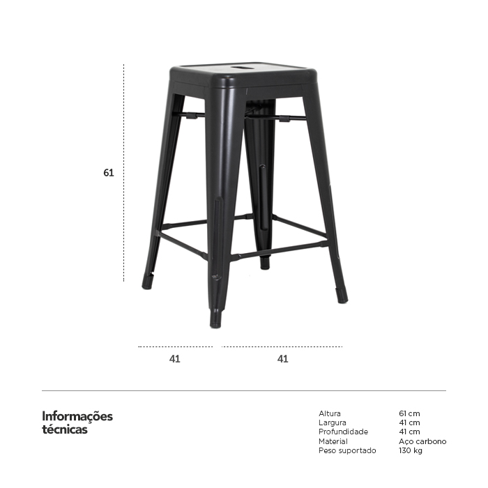 Banqueta Iron Tolix 61 cm - Industrial - Aço - Vintage - Preto