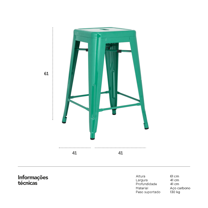 Banqueta Iron Tolix 61 cm - Industrial - Aço - Vintage - Verde escuro