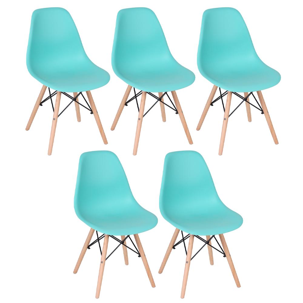 Kit 5 cadeiras Charles Eames Eiffel DSW com pés de madeira clara Verde Tiffany