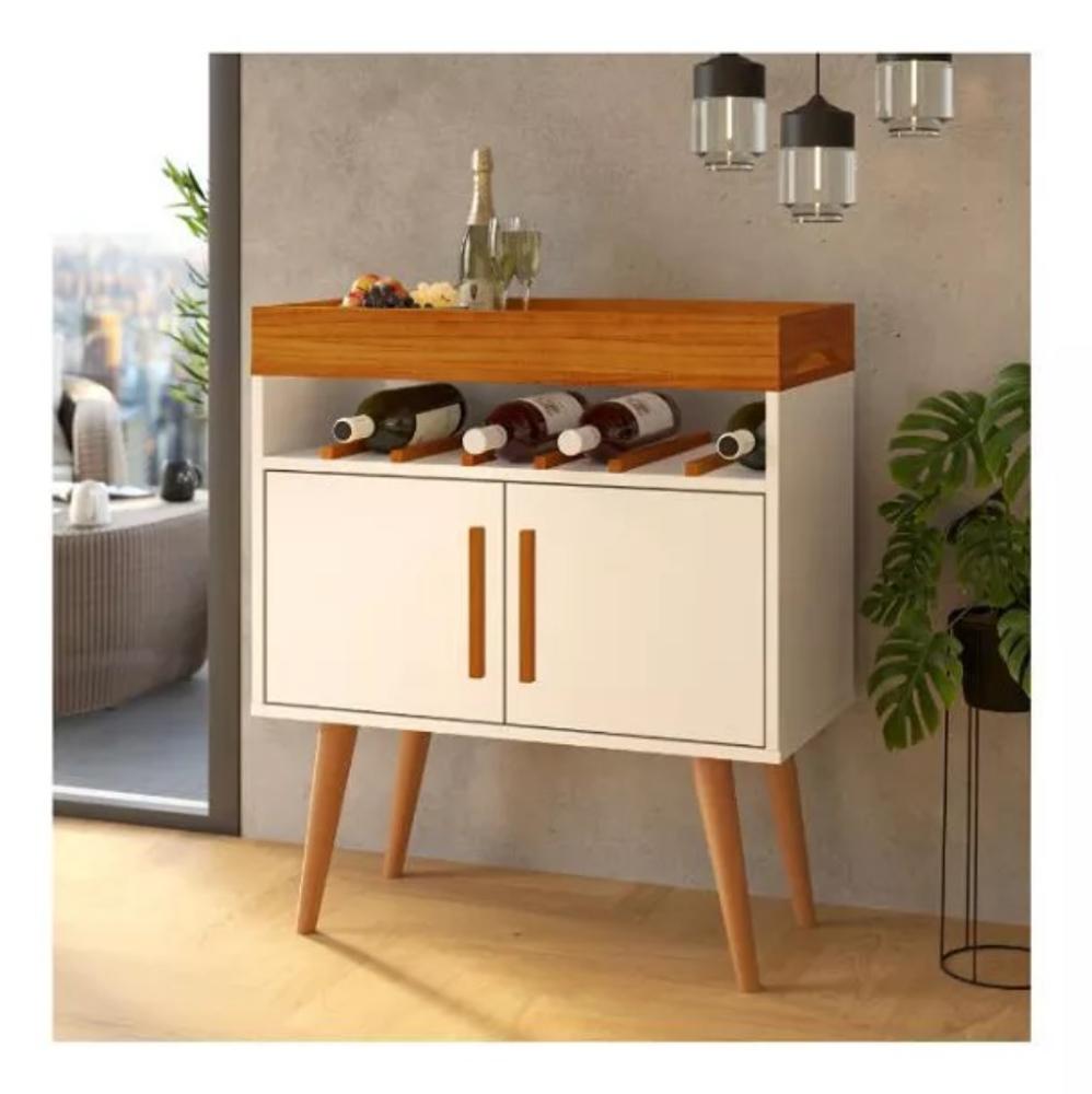 Aparador Café Shot com Portas Pés em Madeira Pinus Off White/Caramelo