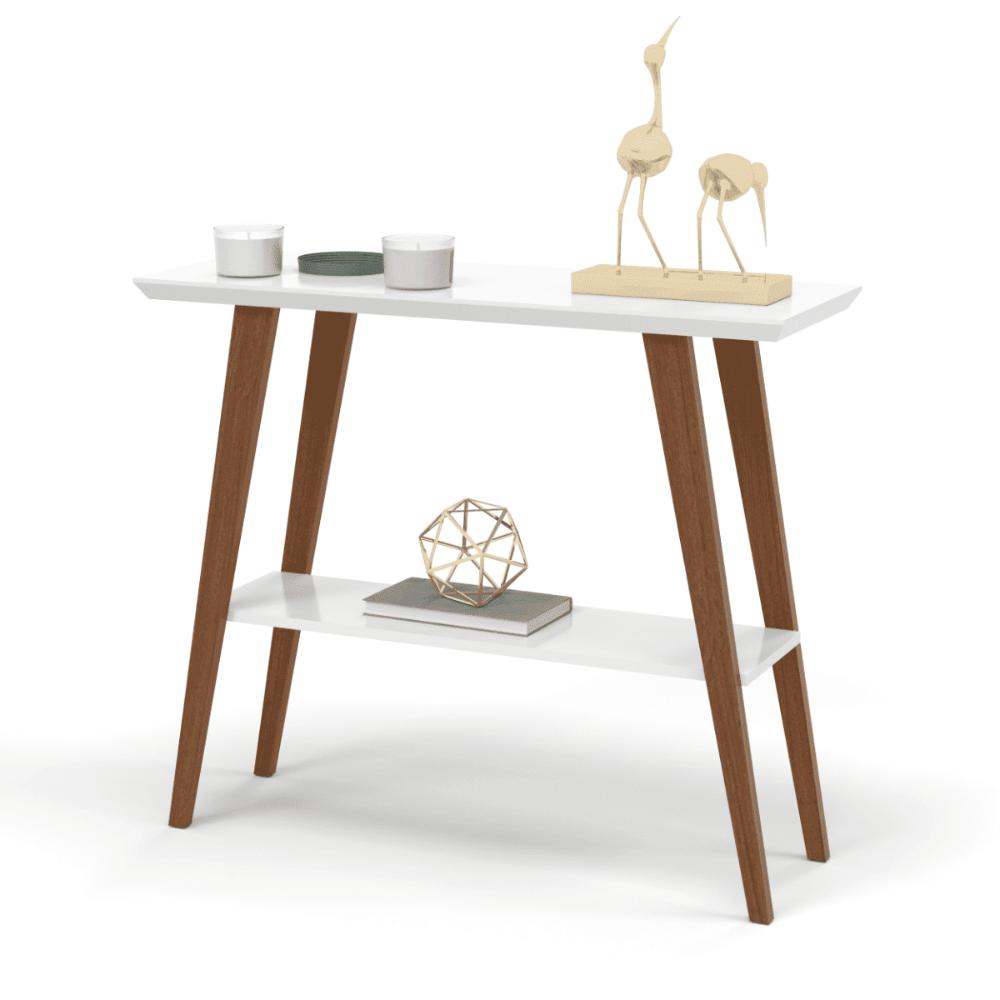 Aparador Caio 90x30 Tampo MDF 30mm pé em Madeira Branco/Amadeirado