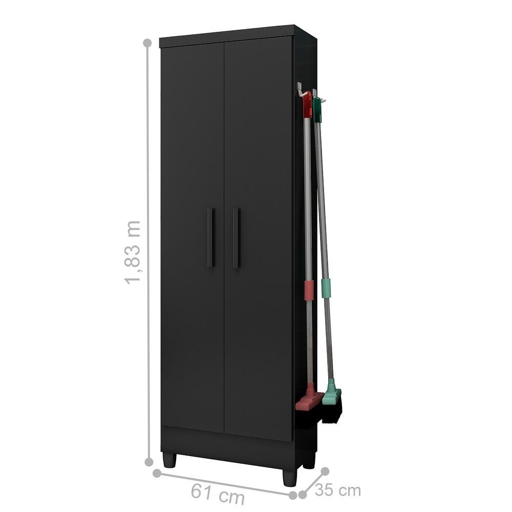 Armário Multiuso Siena 2 Portas c/ Gancho para Vassouras e Rodo Preto Fosco