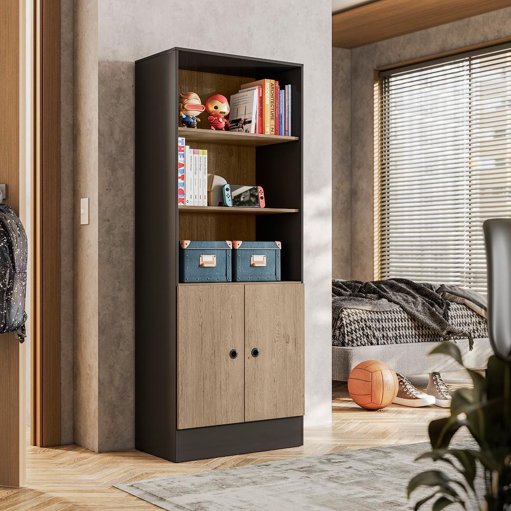 Armário Shadow Pixel 3 Nichos 2 Preto Fosco/Carvalho Toq Rústico