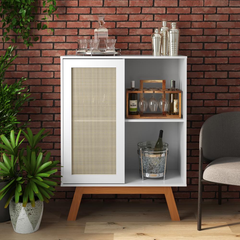 Balcao Alto Aparador Buffet com Porta de Correr Bali pés em Madeira Branco