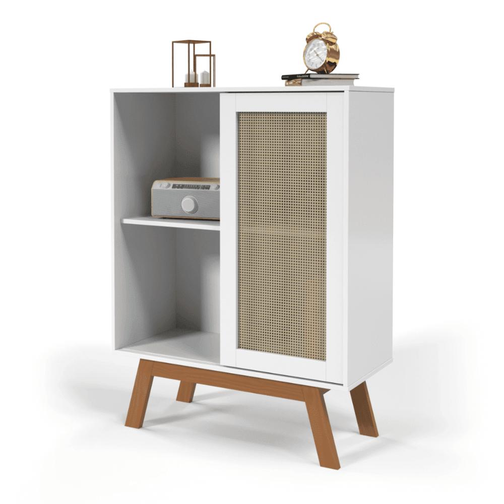 Balcao Alto Aparador Buffet com Porta de Correr Bali pés em Madeira Branco