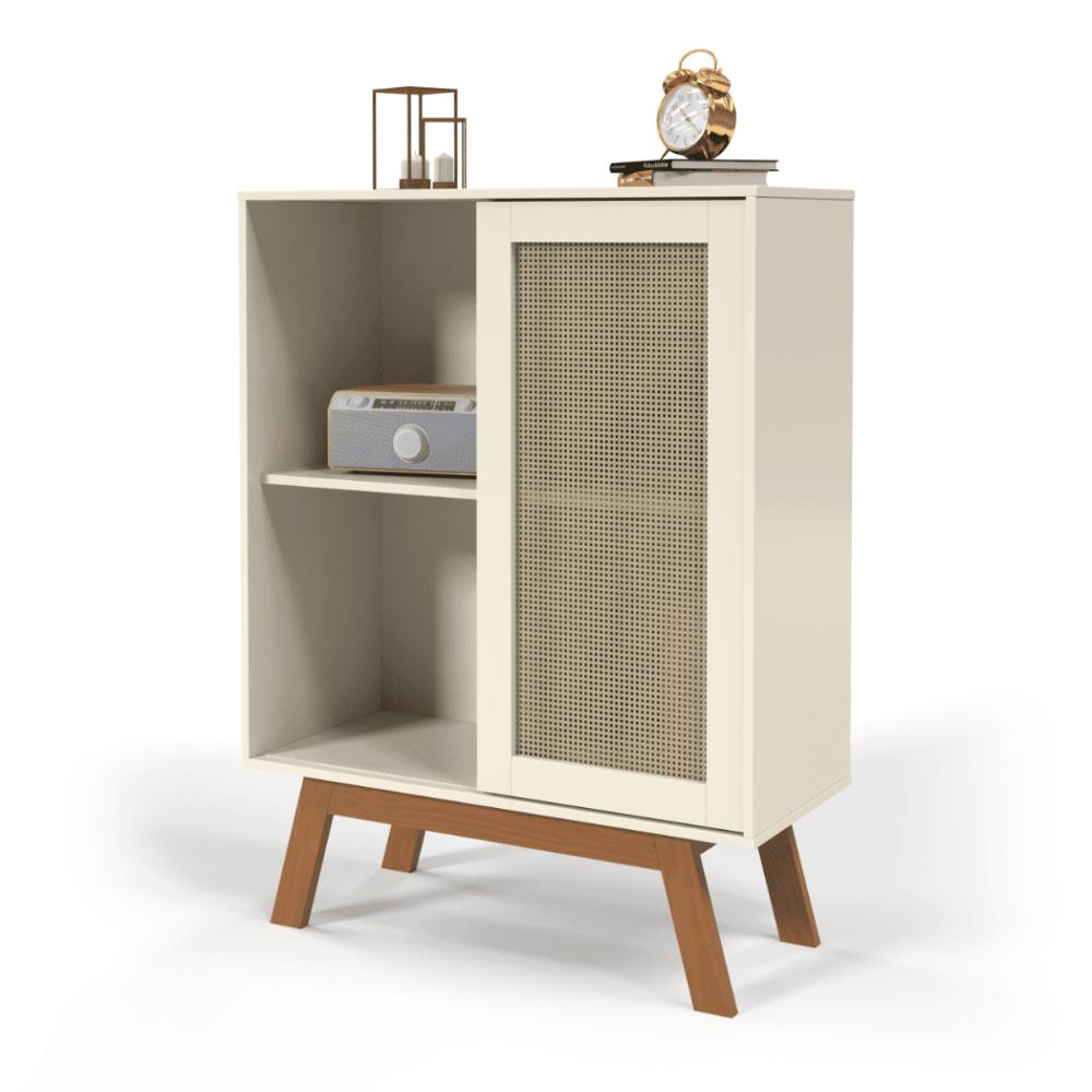 Balcao Alto Aparador Buffet com Porta de Correr Bali pés em Madeira Off White