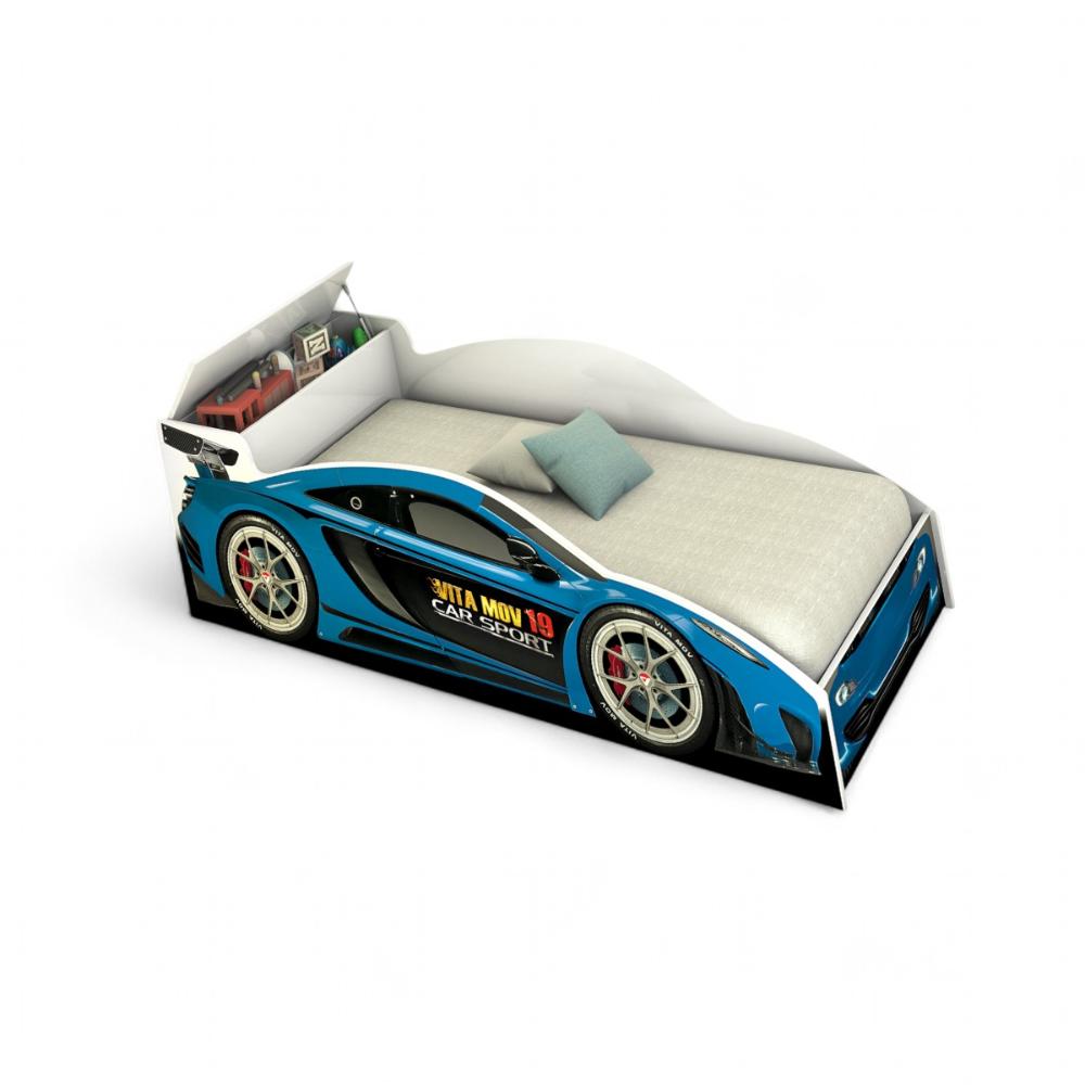 Cama Solteiro Speed Com Baú Azul Com Colchão