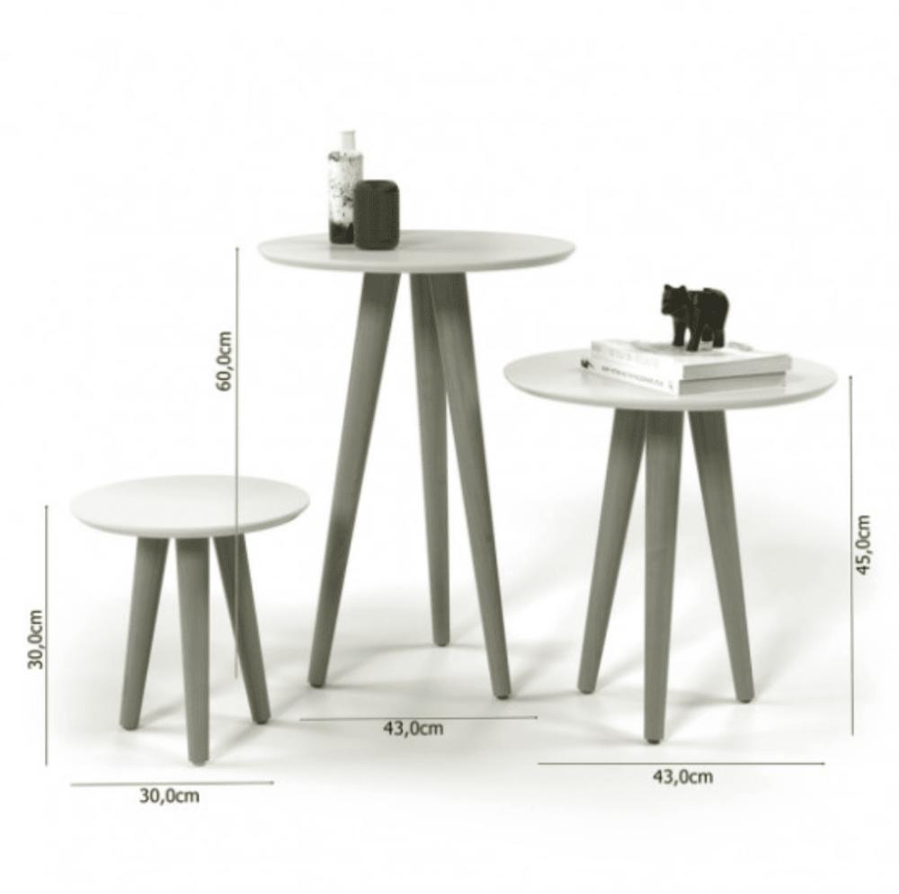 Conjunto 3 Mesas Laterais Pés Palito em Madeira 4305 Sala Off White