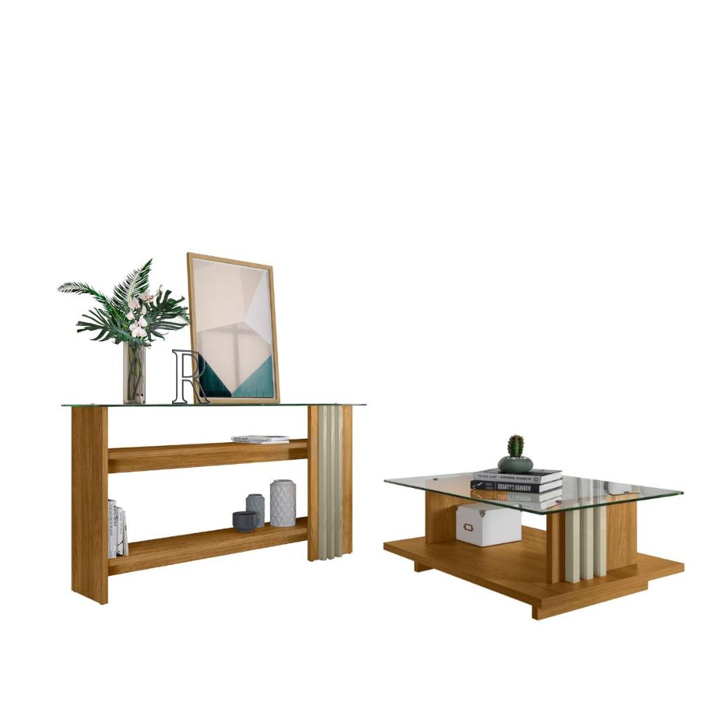 Conjunto Aparador Domo com Prateleira e Mesa de Centro c/ Nicho Cumaru/Opala