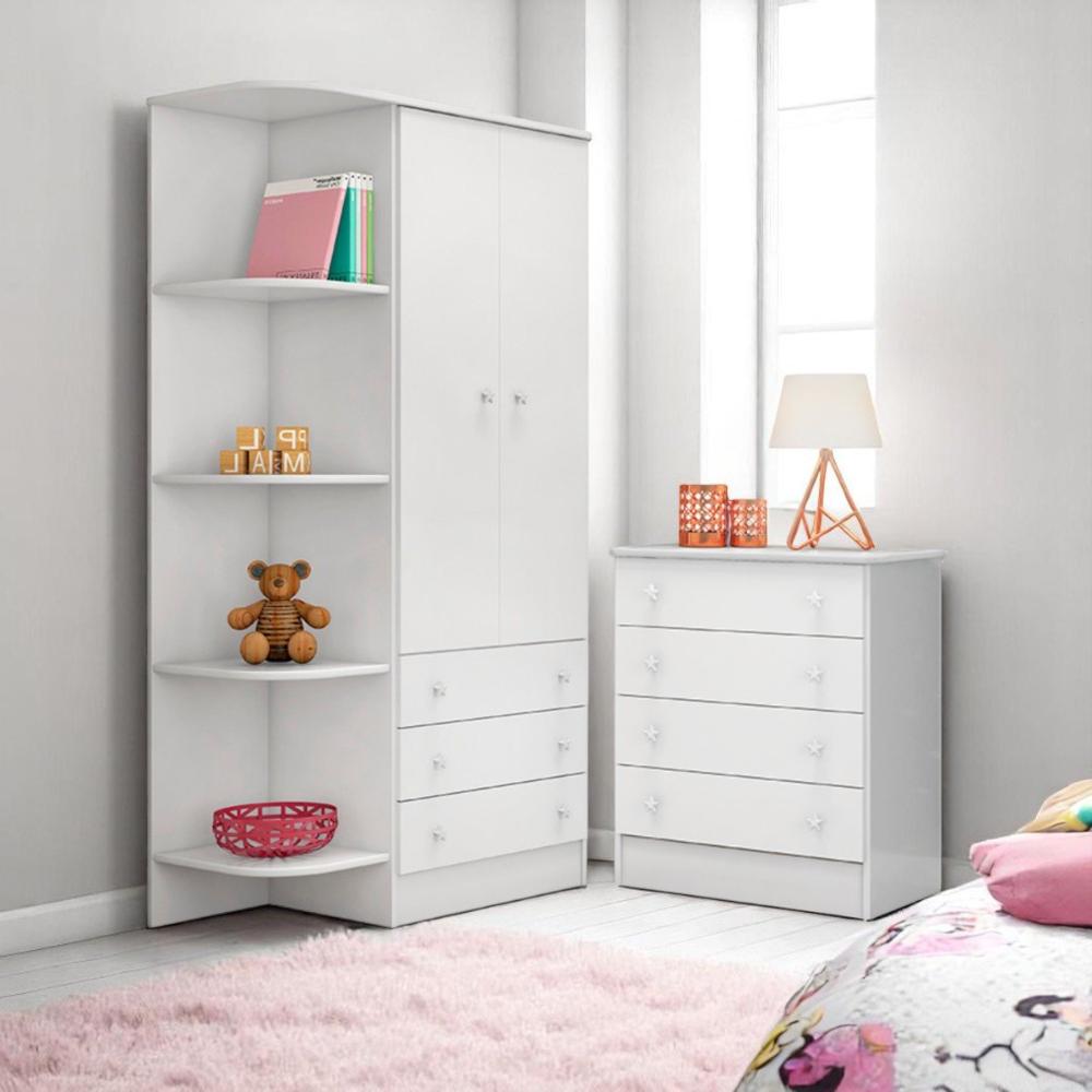 Conjunto Aurora Branco/Branco: Cômoda Aurora 4 gaveteiros + Guarda-Roupa Aurora 2 Portas