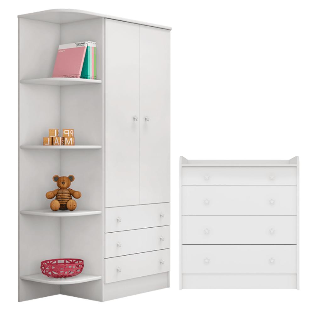 Conjunto Aurora Branco/Branco: Cômoda Aurora 4 gaveteiros + Guarda-Roupa Aurora 2 Portas