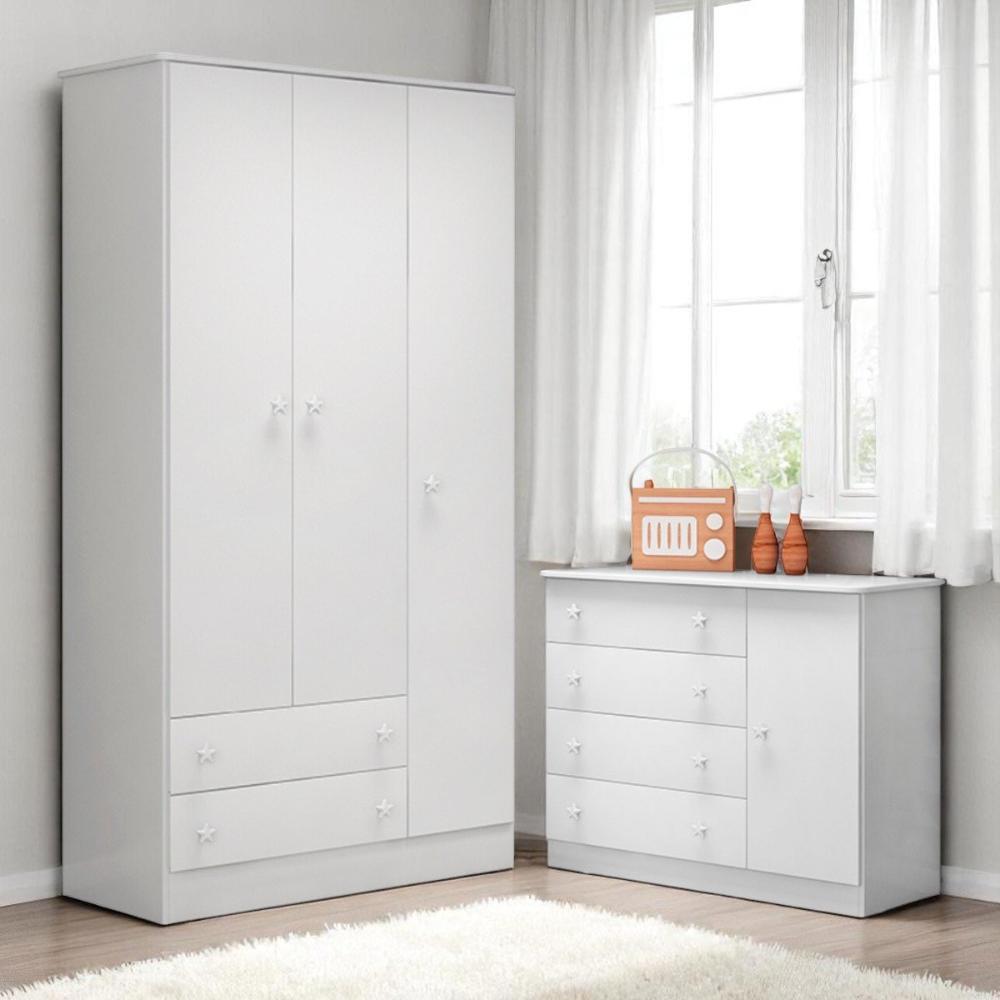 Conjunto Aurora Branco/Branco: Cômoda Sapateira Aurora + Guarda-Roupa Aurora 3 portas e 2 gavetas