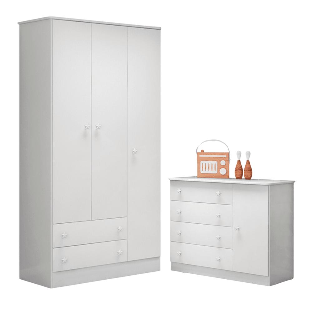 Conjunto Aurora Branco/Branco: Cômoda Sapateira Aurora + Guarda-Roupa Aurora 3 portas e 2 gavetas